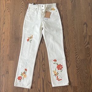 Reformation Floral Embroidered White Jeans